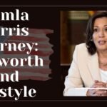 Kamala Harris in a formal setting, representing her journey, net worth, and lifestyle, showcasing her career milestones and personal style