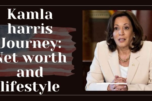 Kamala Harris in a formal setting, representing her journey, net worth, and lifestyle, showcasing her career milestones and personal style