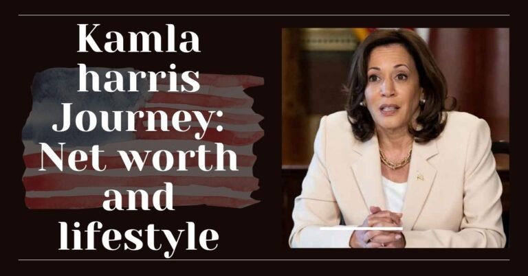 Kamala Harris in a formal setting, representing her journey, net worth, and lifestyle, showcasing her career milestones and personal style